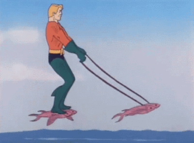 Aquaman riding flying fish